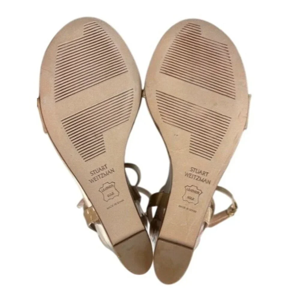 Stuart Weitzman Nude Patent Leather Wedge Sandals Womens Size 6 Adjustable Ankle